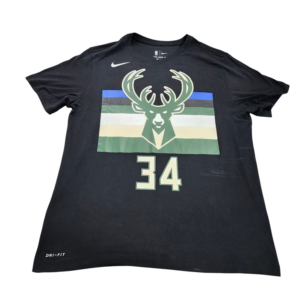 MILWAUKEE BUCKS NIKE MENS L BLACK NBA GIANNIS ANTETOKOUNMPO 34 DRI-FIT EUC